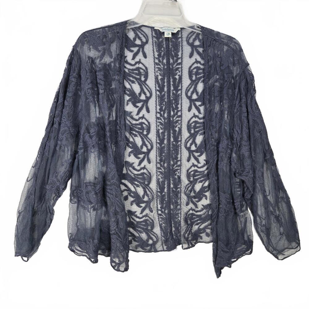 Sundance Sheer Floral Lace Mesh Cardigan Blue Boho Kimono Wrap Shrug Large